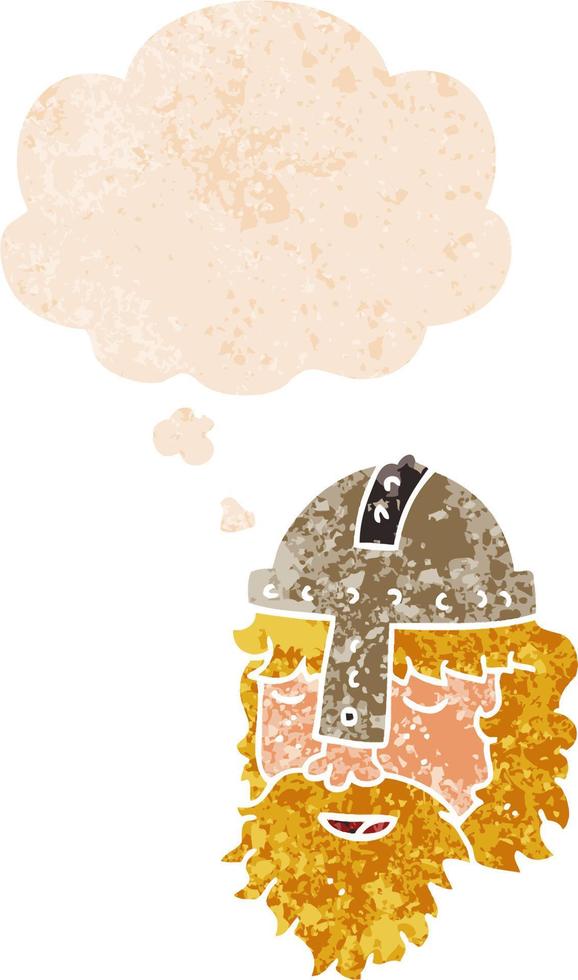 cartoon viking face and thought bubble in retro textured style vector