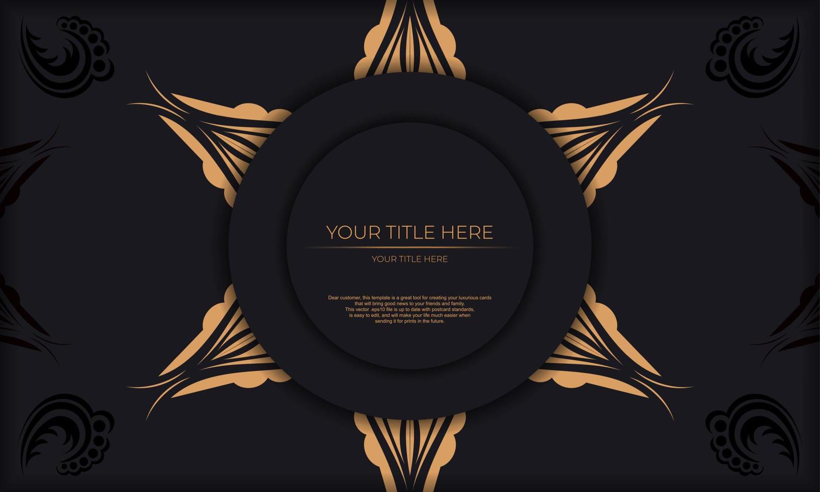 Luxurious black postcard template with vintage abstract ornament. Elegant and classic elements are great for decorating. Vector illustration.
