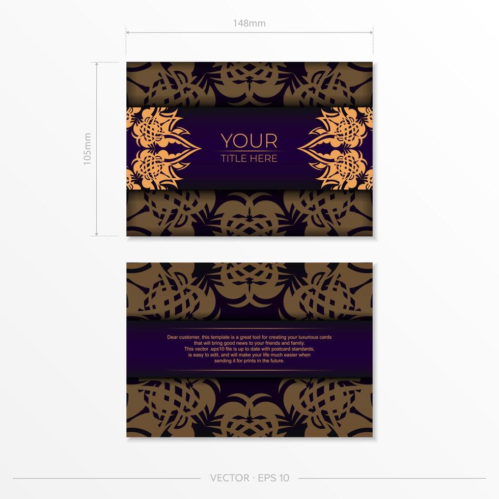Luxurious purple rectangular postcard template with vintage abstract ornament. Elegant and classic elements ready for print and typography. vector