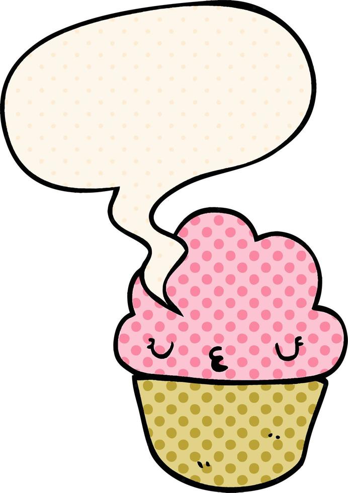 cartoon cupcake and face and speech bubble in comic book style vector