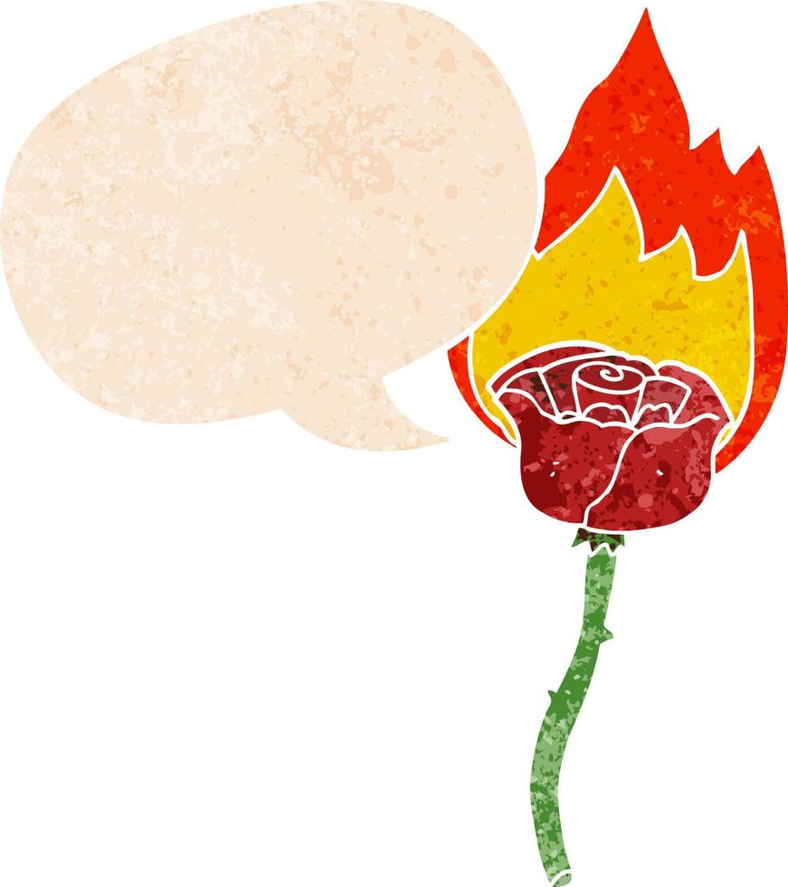 cartoon flaming rose and speech bubble in retro textured style vector