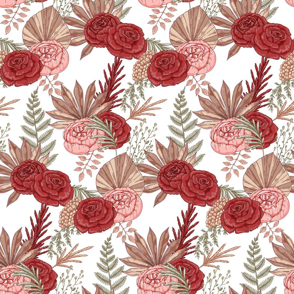 Modern dried flowers seamless pattern. Boho design. Hand drawn vector illustration