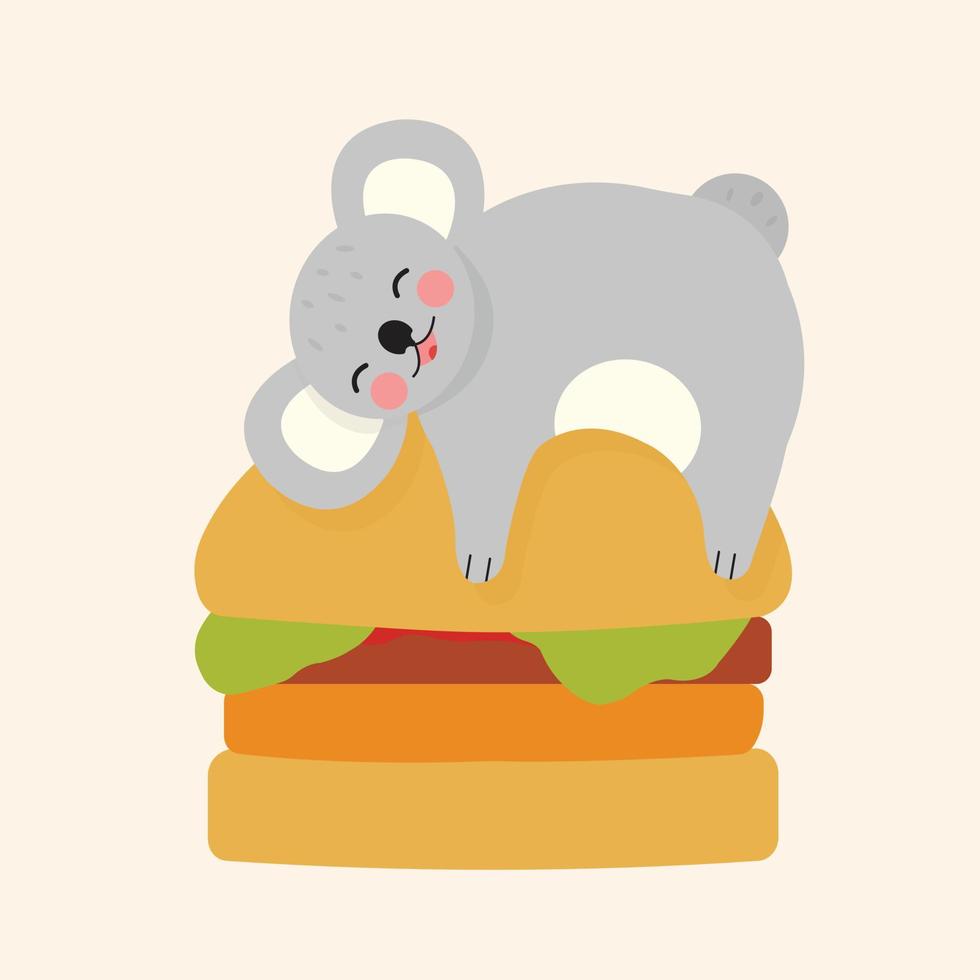 linda y gorda coala tendida y abrazada a una gran hamburguesa. sabroso concepto de comida rápida para restaurante australiano. vector