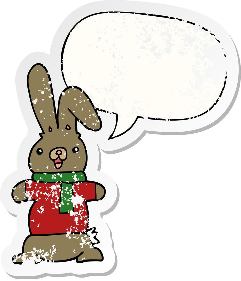 pegatina angustiada de conejo de dibujos animados y burbuja de habla vector