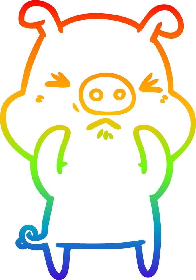 rainbow gradient line drawing cartoon angry pig vector