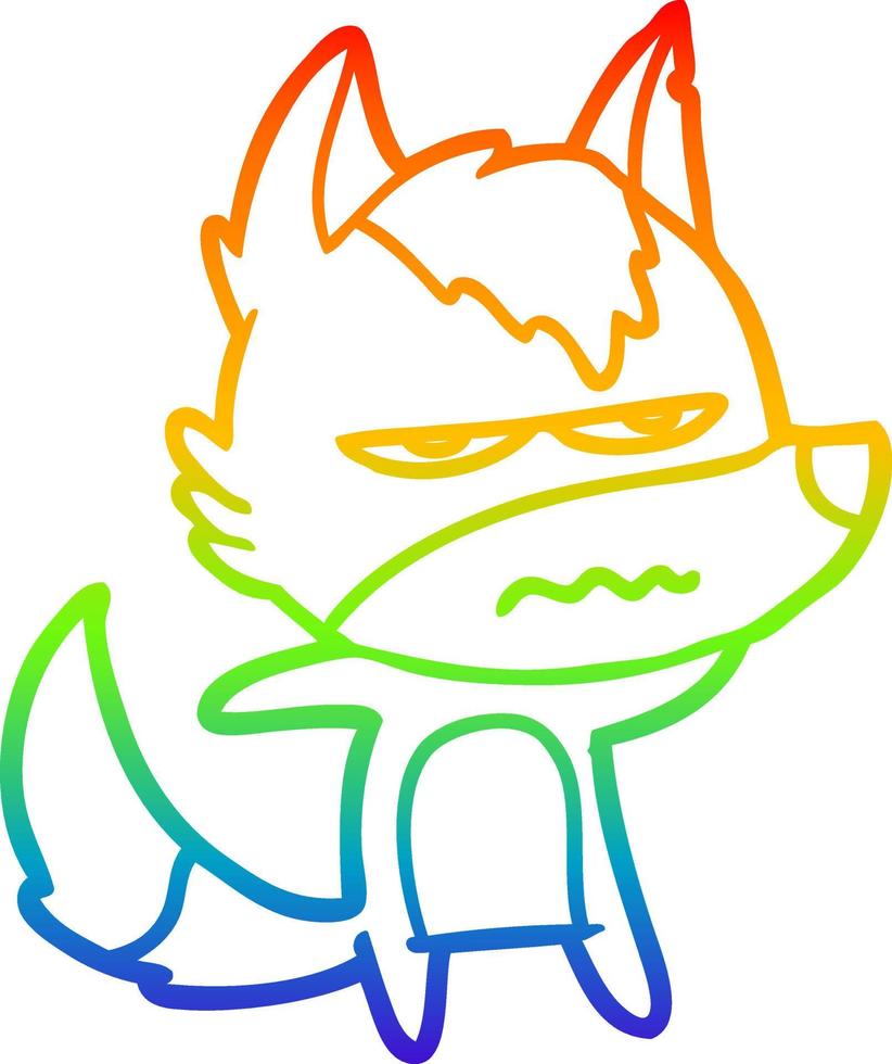 dibujo de línea de gradiente de arco iris lobo molesto de dibujos animados vector