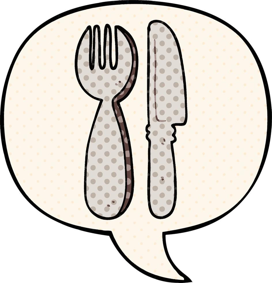 cartoon knife and fork and speech bubble in comic book style vector