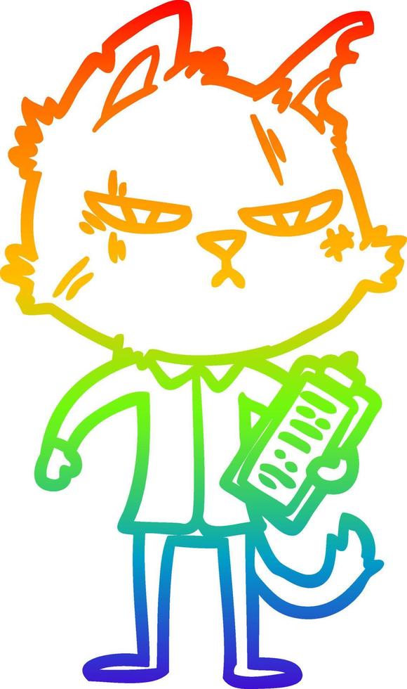 rainbow gradient line drawing tough cartoon cat with clipboard vector