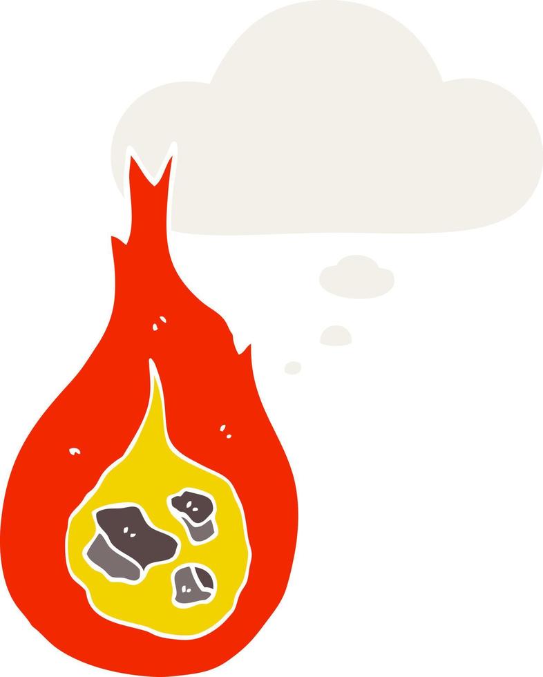 bola de fuego de dibujos animados y burbuja de pensamiento en estilo retro vector