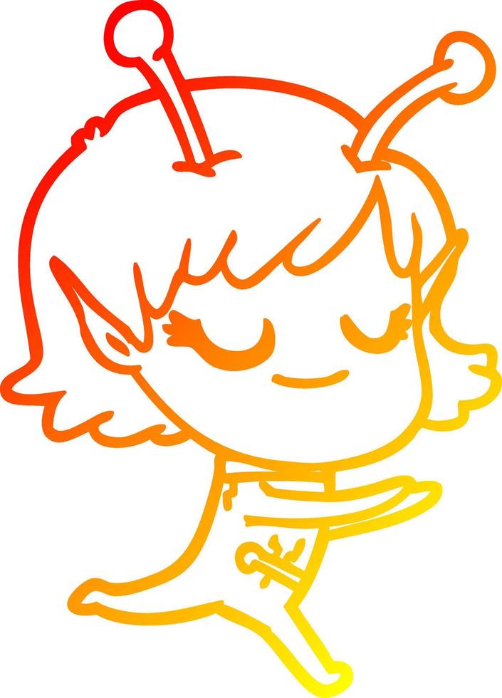 warm gradient line drawing smiling alien girl cartoon running vector