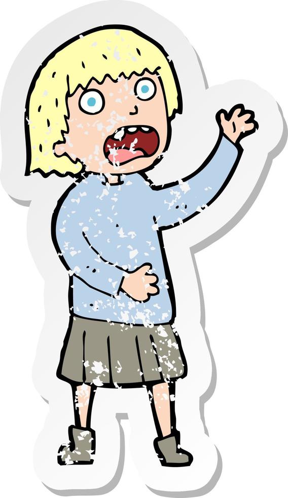 retro distressed sticker of a cartoon stressed out woman vector