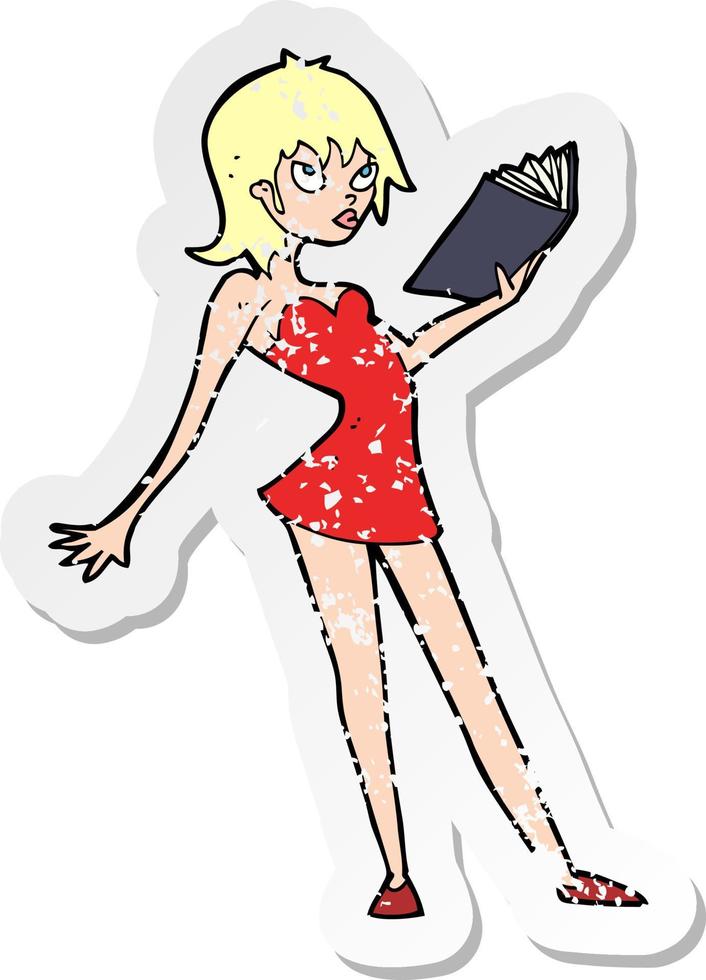 retro distressed sticker of a cartoon woman reading book vector