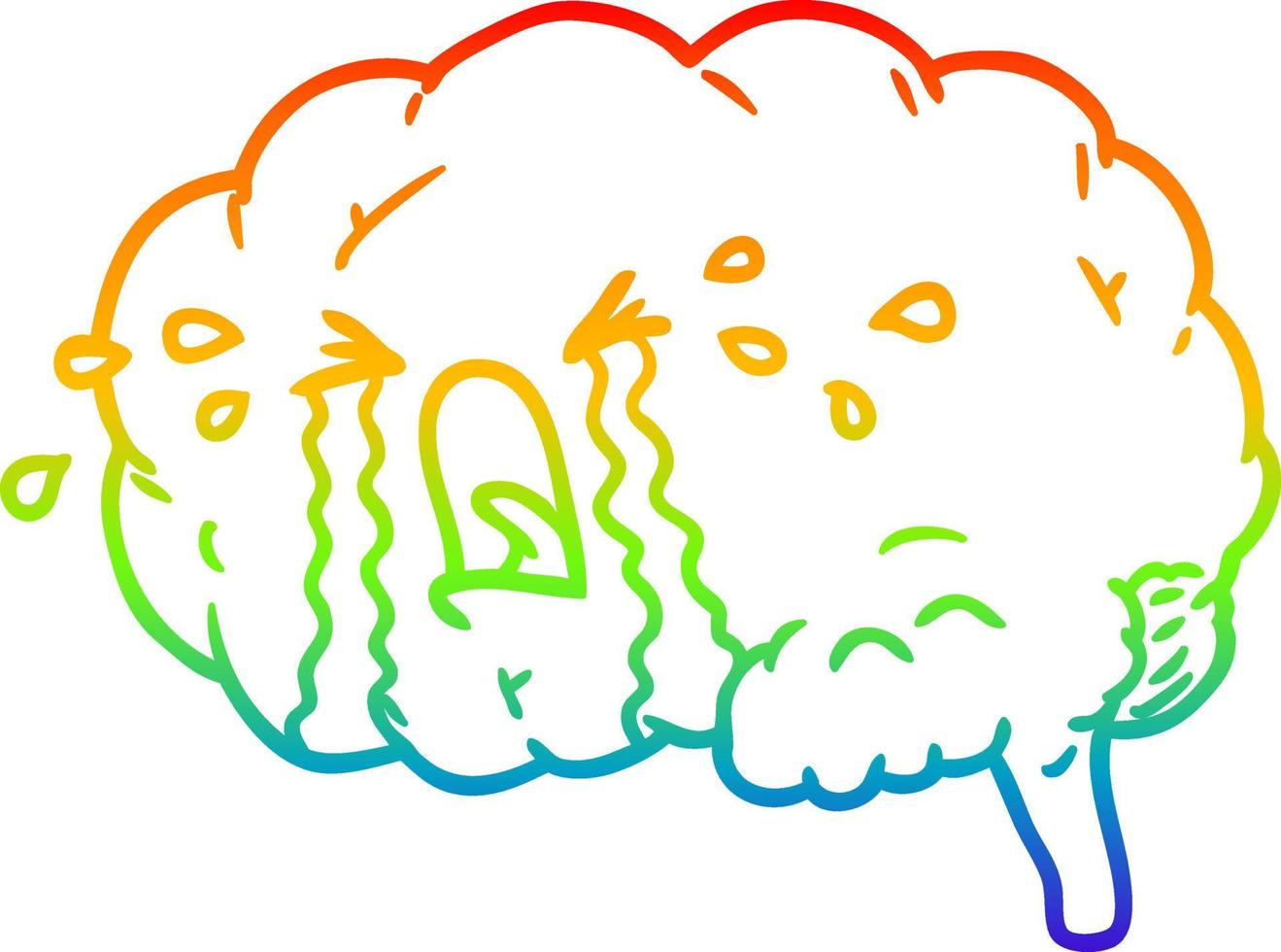 dibujo de línea de gradiente de arco iris cerebro de dibujos animados llorando vector