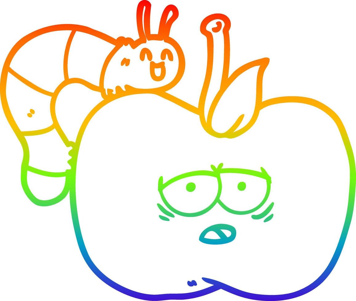 rainbow gradient line drawing cartoon apple and bug vector