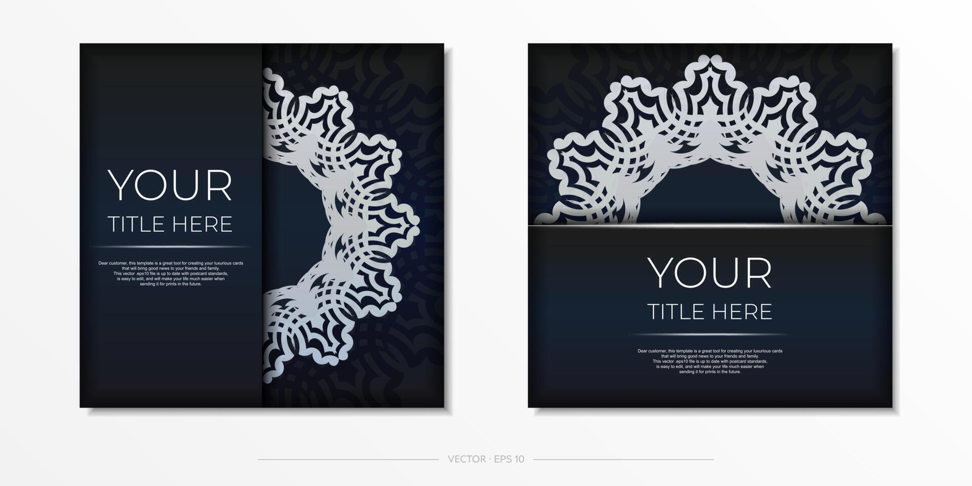 Dark blue postcard template with white abstract ornament. Elegant and classic vector elements ready for print and typography.