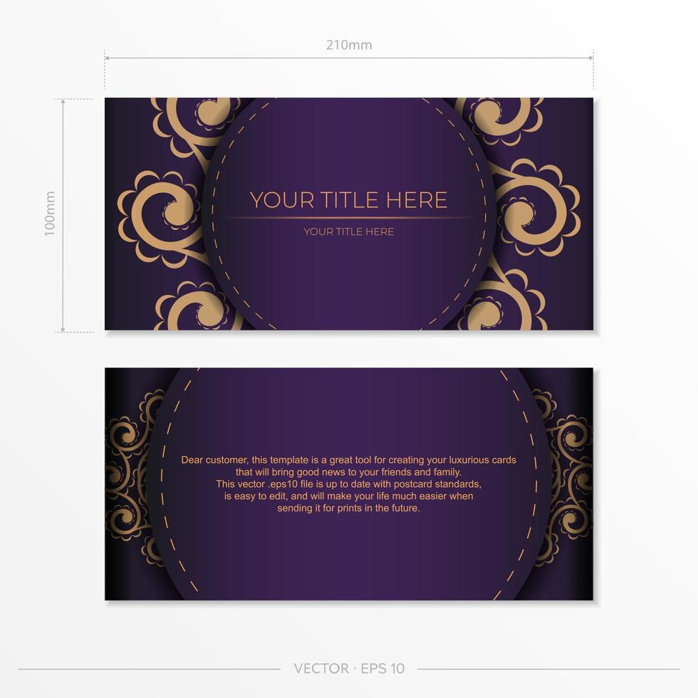 Luxurious purple postcard template with vintage abstract mandala ornament. Elegant and classic vector elements are great for decoration.