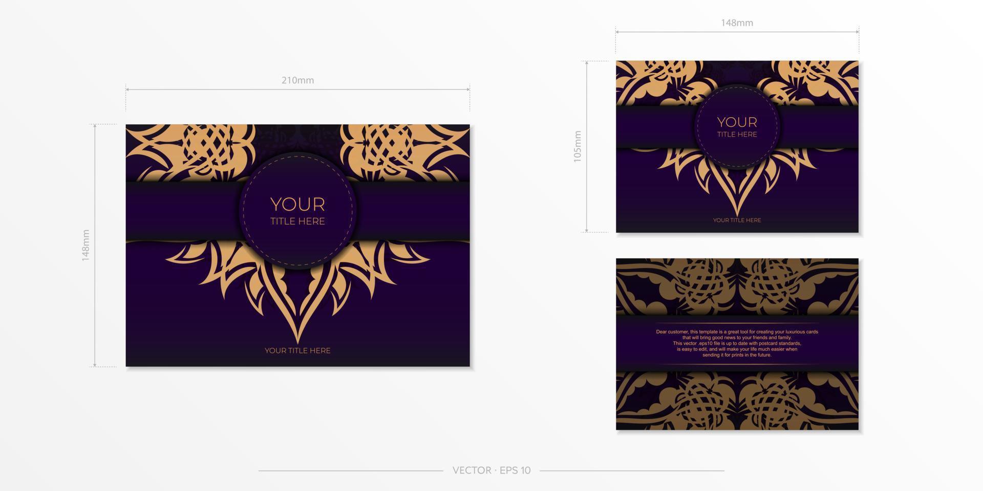 Luxurious purple rectangular postcard template with vintage indian mandala ornament. Elegant and classic vector elements ready for print and typography.