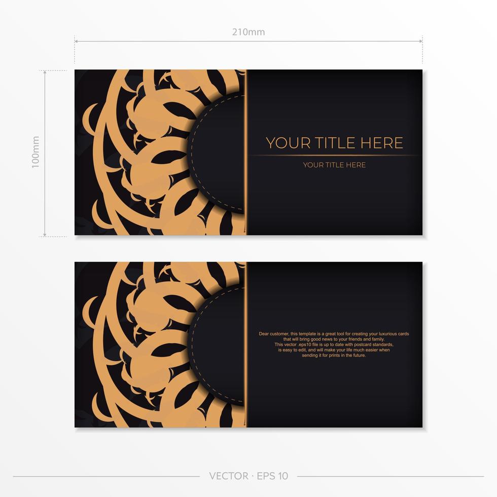 Luxurious black rectangular postcard template with vintage abstract ornament. Elegant and classic vector elements ready for print and typography.