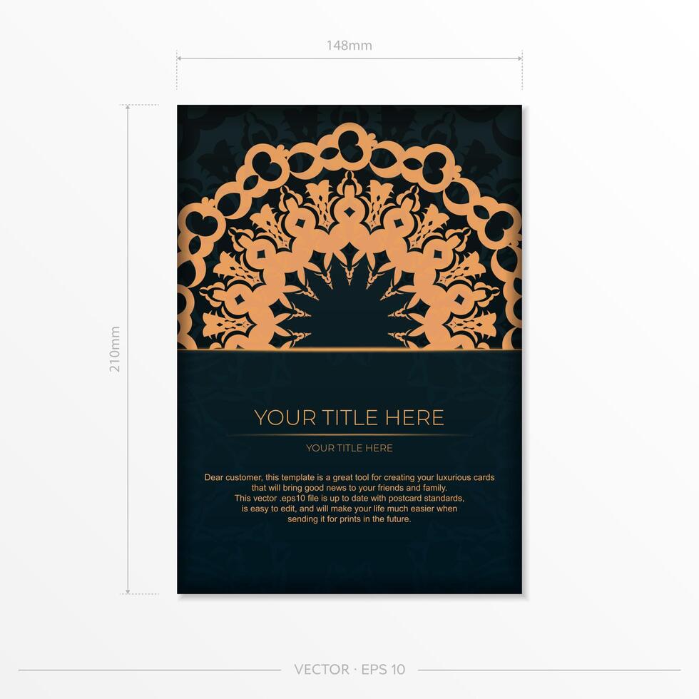 Dark green postcard template with white Indian ornaments. Elegant and classic elements ready for print and typography. vector