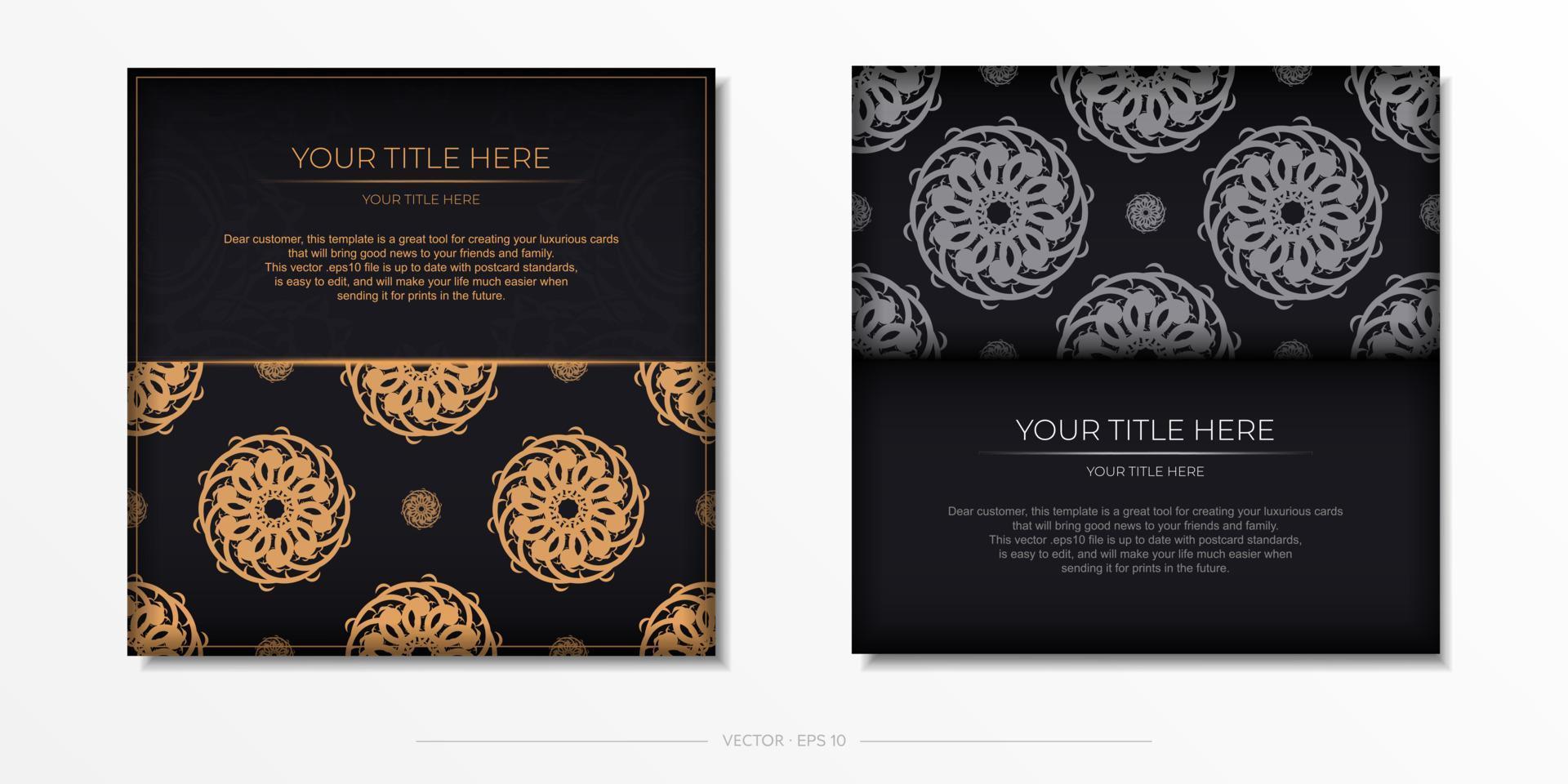 Luxurious black square postcard template with vintage abstract ornament. Elegant and classic vector elements are great for decoration.