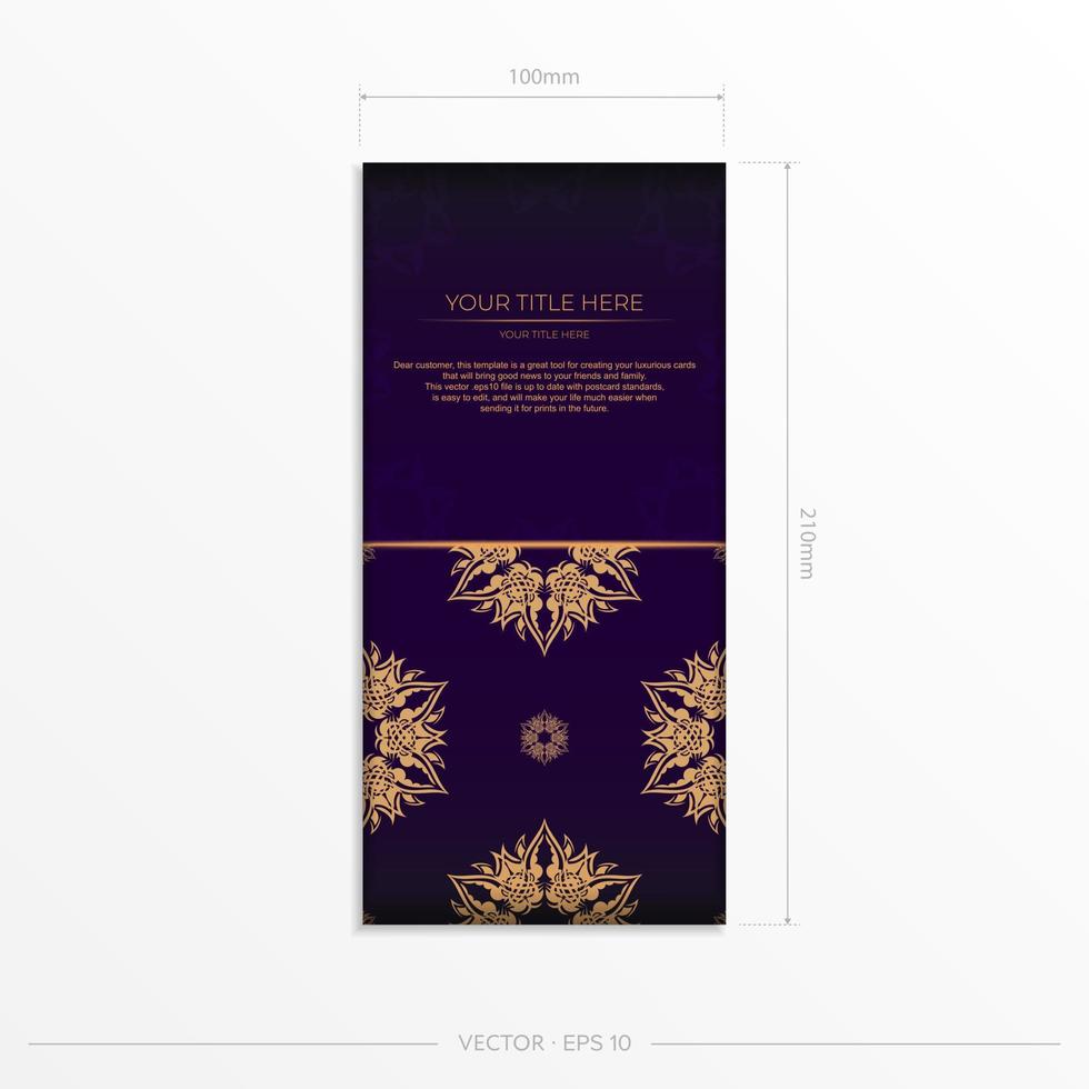 Luxurious purple rectangular invitation card template with vintage indian ornaments. Elegant and classic vector elements ready for print and typography.