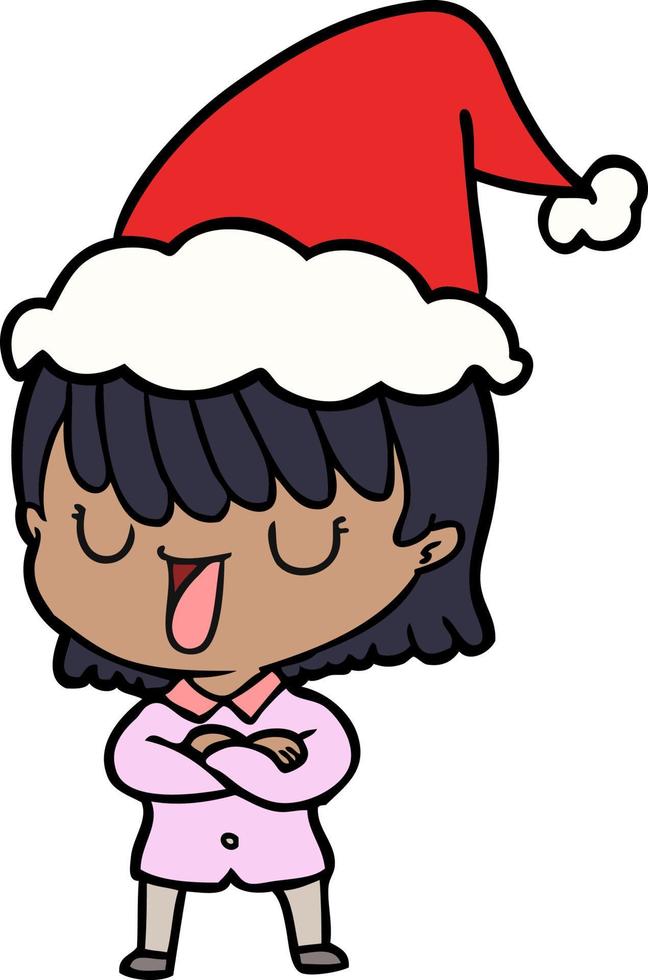 line drawing of a woman wearing santa hat vector