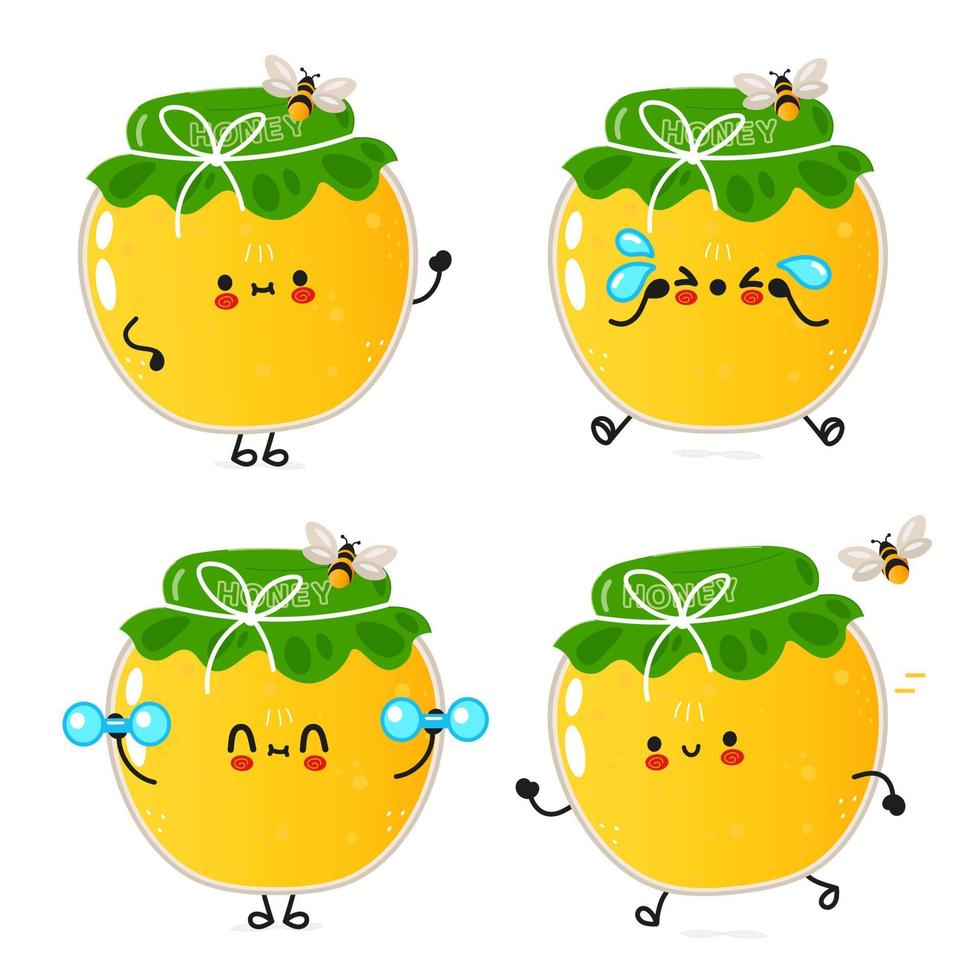 Funny cute happy jar of honey characters bundle set. Vector hand drawn doodle style cartoon character illustration icon design. Isolated on white background. Cute jar of honey mascot character
