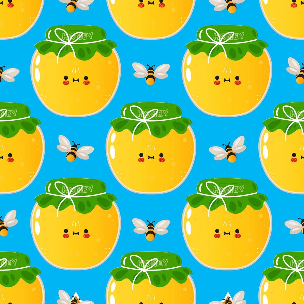 Cute funny jar of honey pattern character. Vector hand drawn cartoon kawaii character illustration icon. Isolated on blue background. Jar of honey character concept