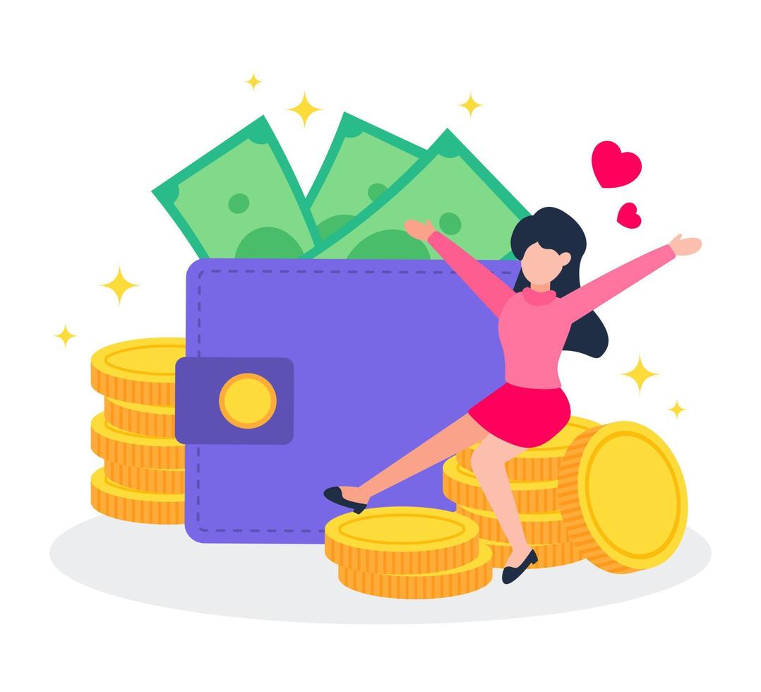 Woman sits on a stack of golden coins next to money wallet or pruse with banknotes. Creative financial concept of wealth, rich or savings.  Trendy cute cartoon vector graphic design illustration icon.