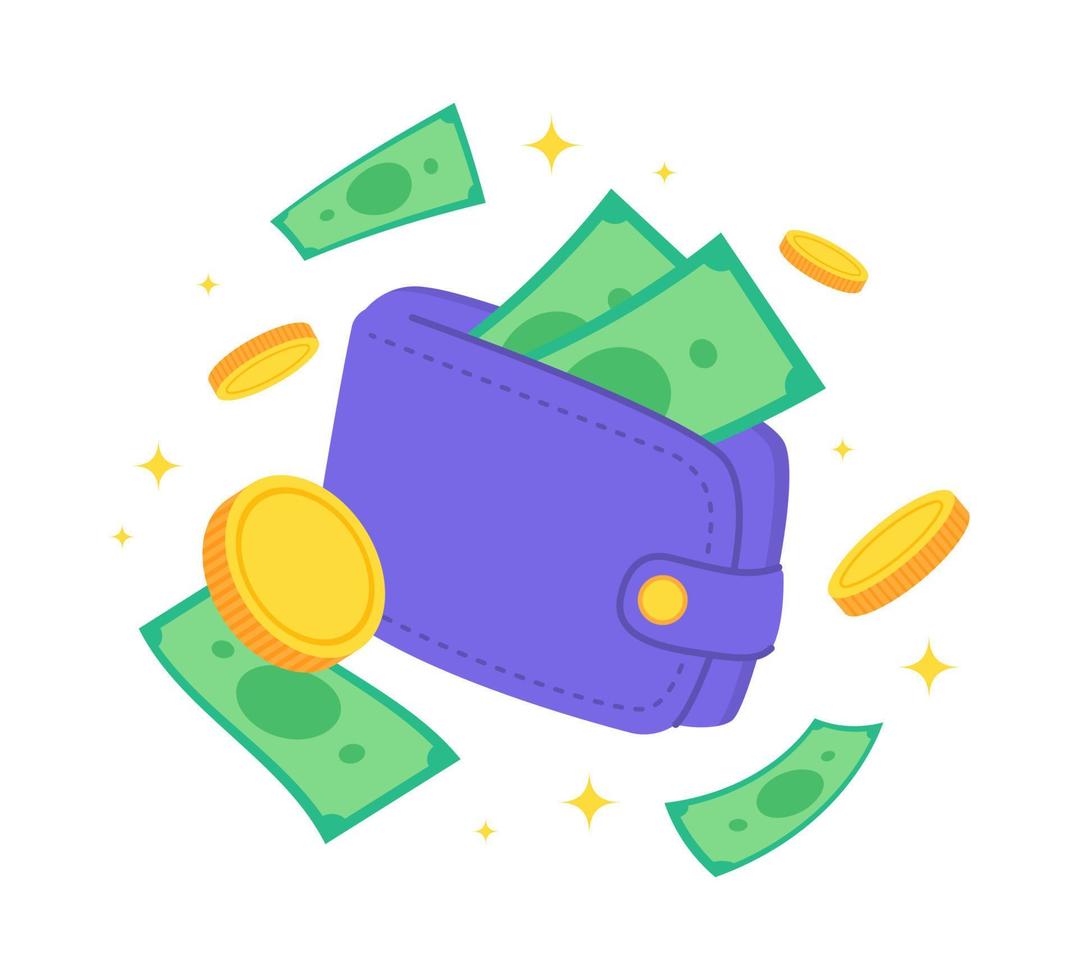 Colorful money wallet or purse with golden coins and banknotes. Creative financial concept of wealth, rich or savings.  Simple trendy cute cartoon object vector illustration. Flat graphic design icon.