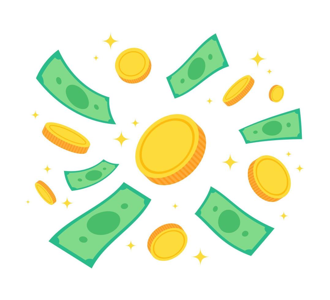 grupo de monedas y billetes de oro flotantes. concepto financiero creativo de riqueza, riqueza o ahorro. ilustración de vector de objeto de dibujos animados lindo de moda. icono de elemento de diseño gráfico.