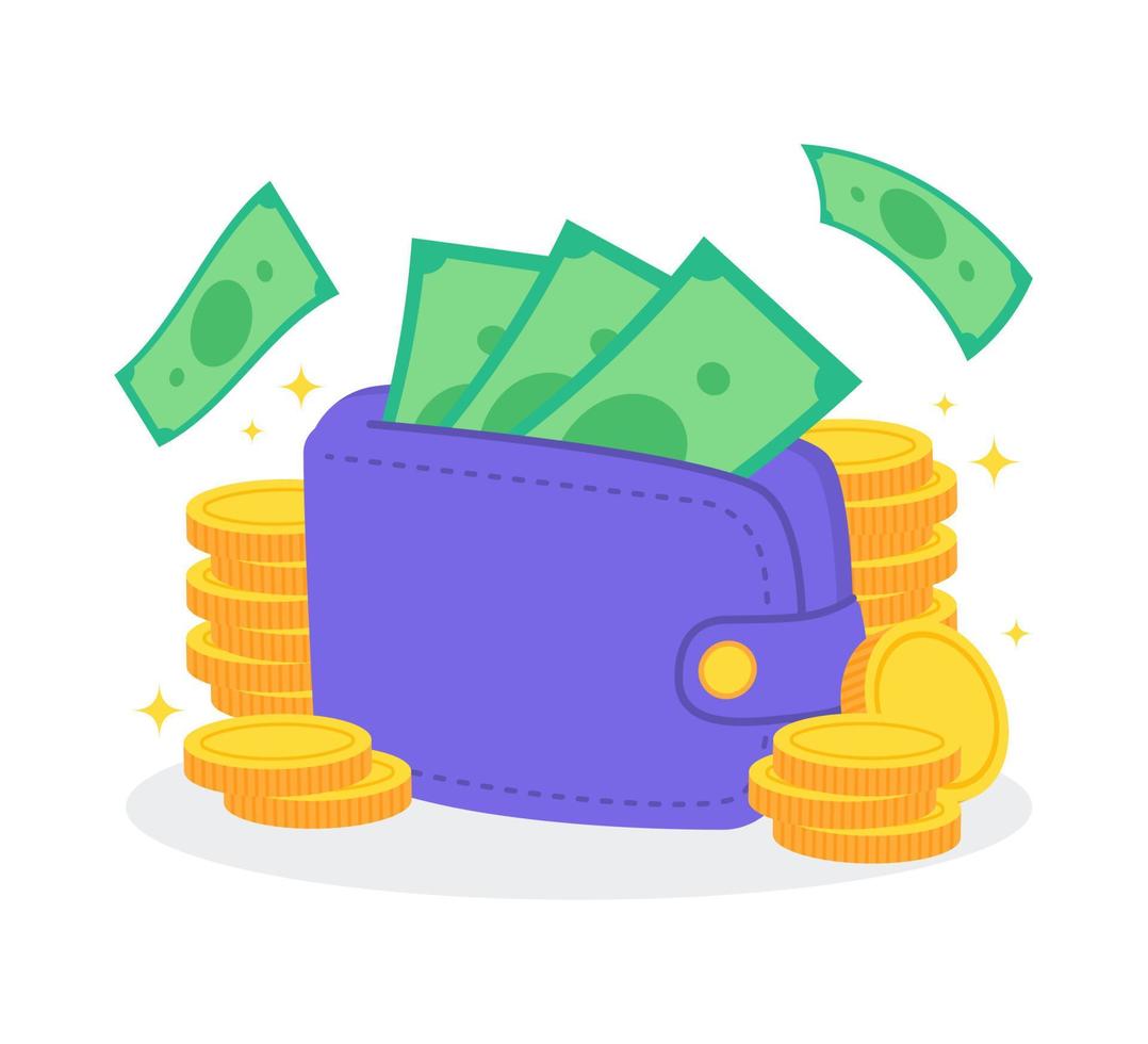 Colorful money wallet or purse with golden coins and banknotes. Creative financial concept of wealth, rich or savings. Simple trendy cute cartoon object vector illustration. Flat graphic design icon.