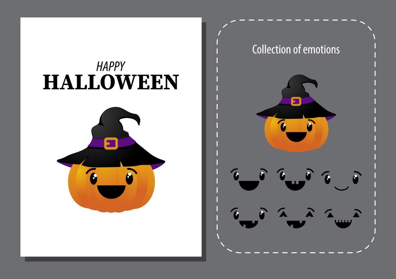 Halloween card with pumpkin wearing witch hat and emotion happy face collection isolated vector