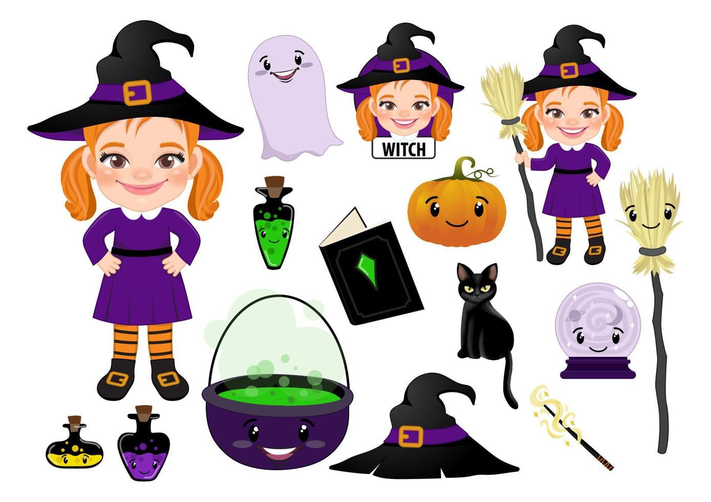 Witch character illustration with cute element flat icon set isolated on white background vector