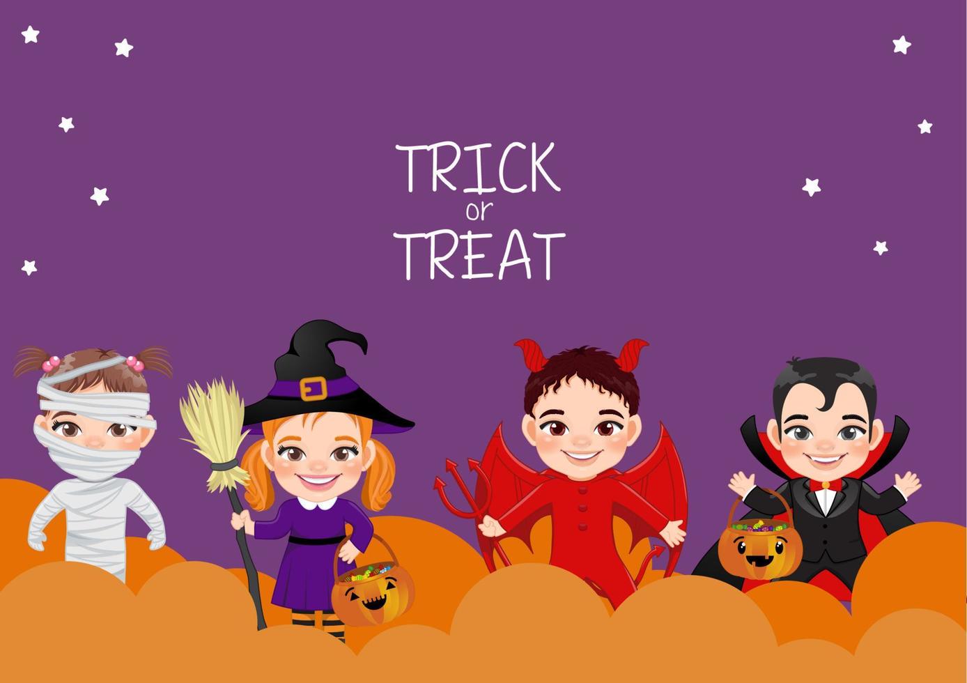 Halloween party banner or background with happy kids in Halloween costumes vector
