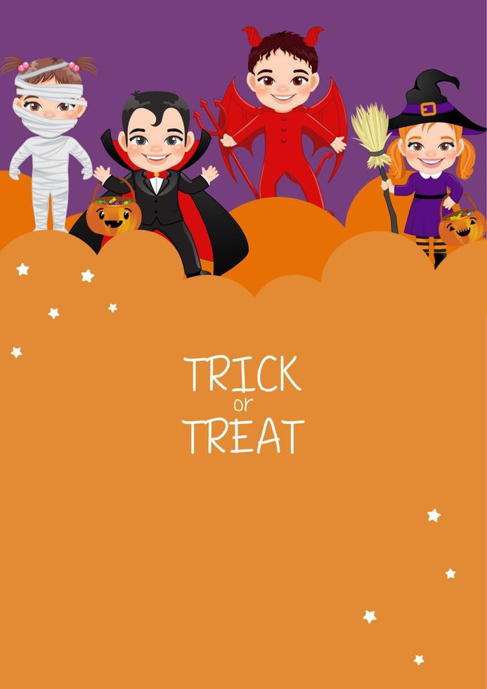 tarjeta de plantilla de invitación de fiesta de halloween con niños en vector de disfraces de halloween