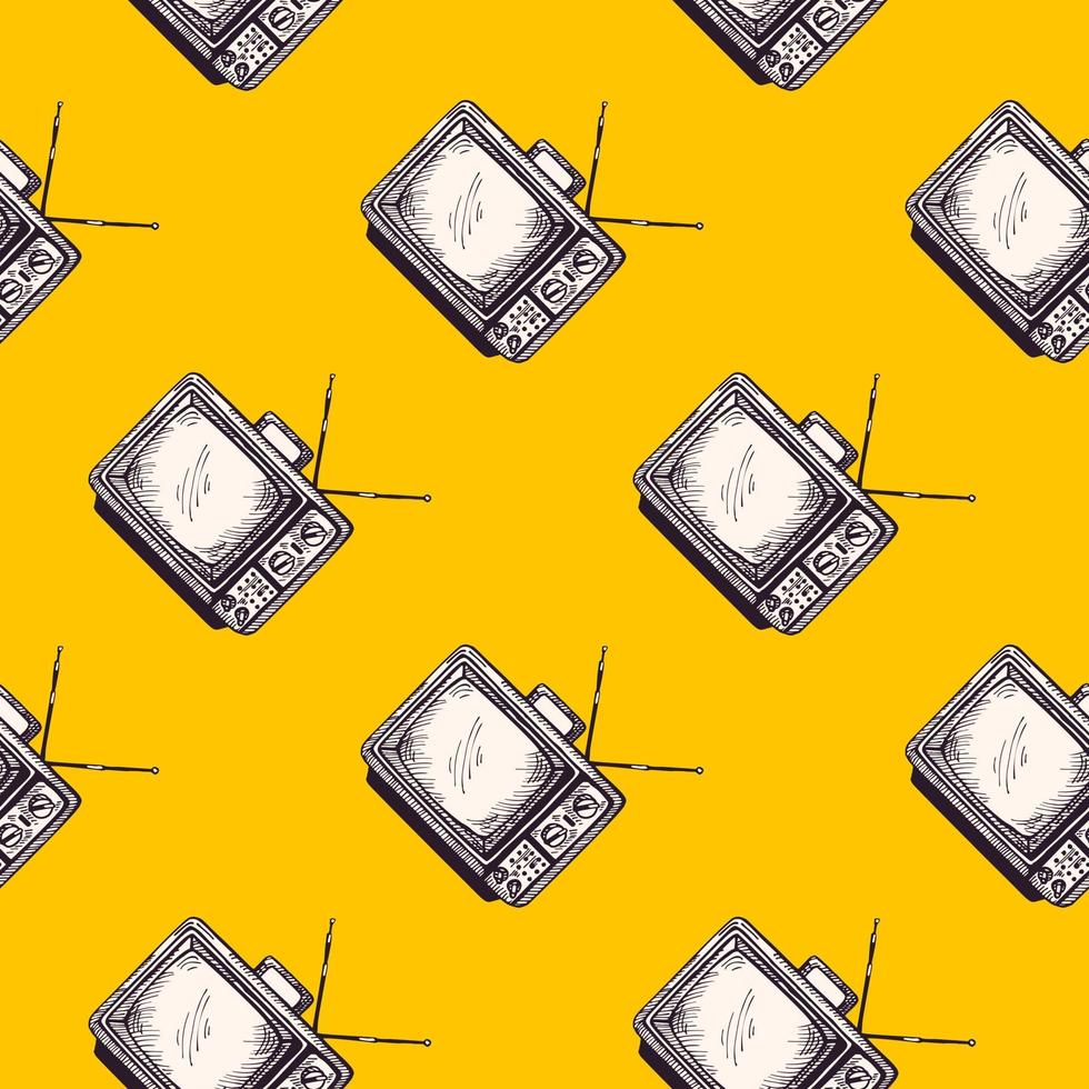 tv retro con antena grabada de patrones sin fisuras. televisión vintage en estilo dibujado a mano. vector