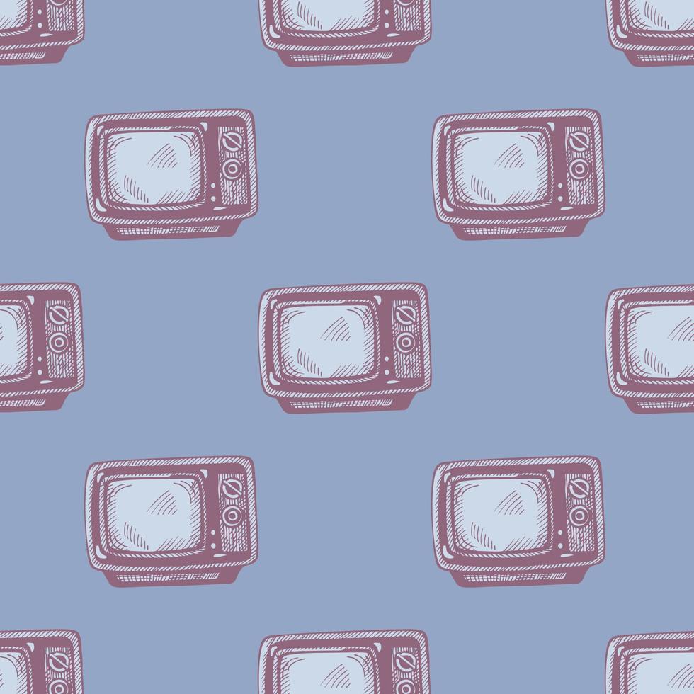 Retro TV engraved seamless pattern. Vintage television media equipment in hand drawn style. vector