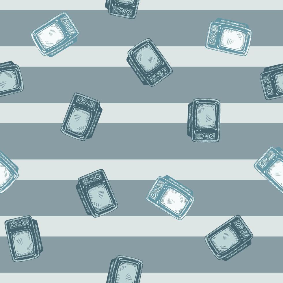 Retro TV engraved seamless pattern. Vintage television media equipment in hand drawn style. vector