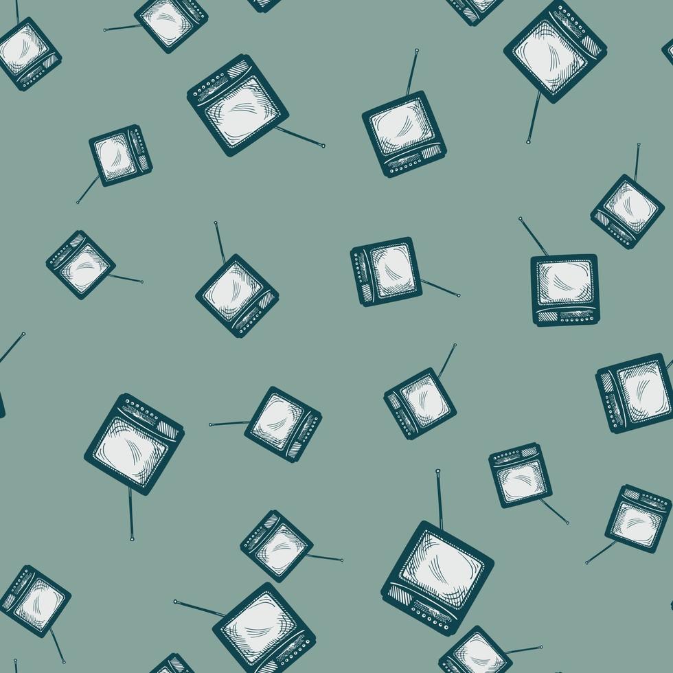 Retro TV with antenna engraved seamless pattern. Vintage television in hand drawn style. vector