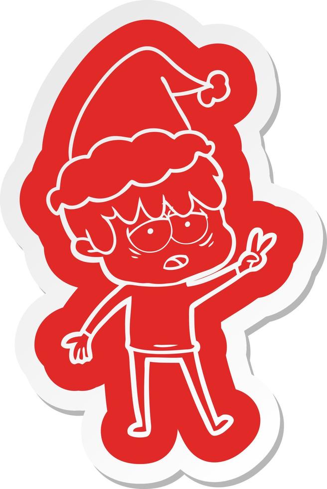 cartoon  sticker of a exhausted boy wearing santa hat vector