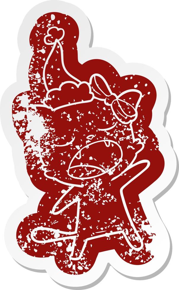 cartoon distressed sticker of a singing cat wearing santa hat vector
