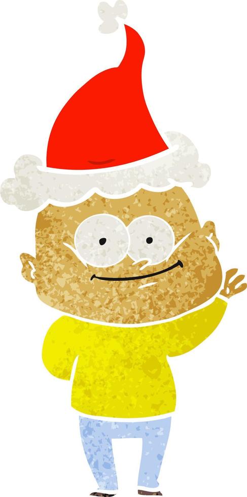 retro cartoon of a bald man staring wearing santa hat vector