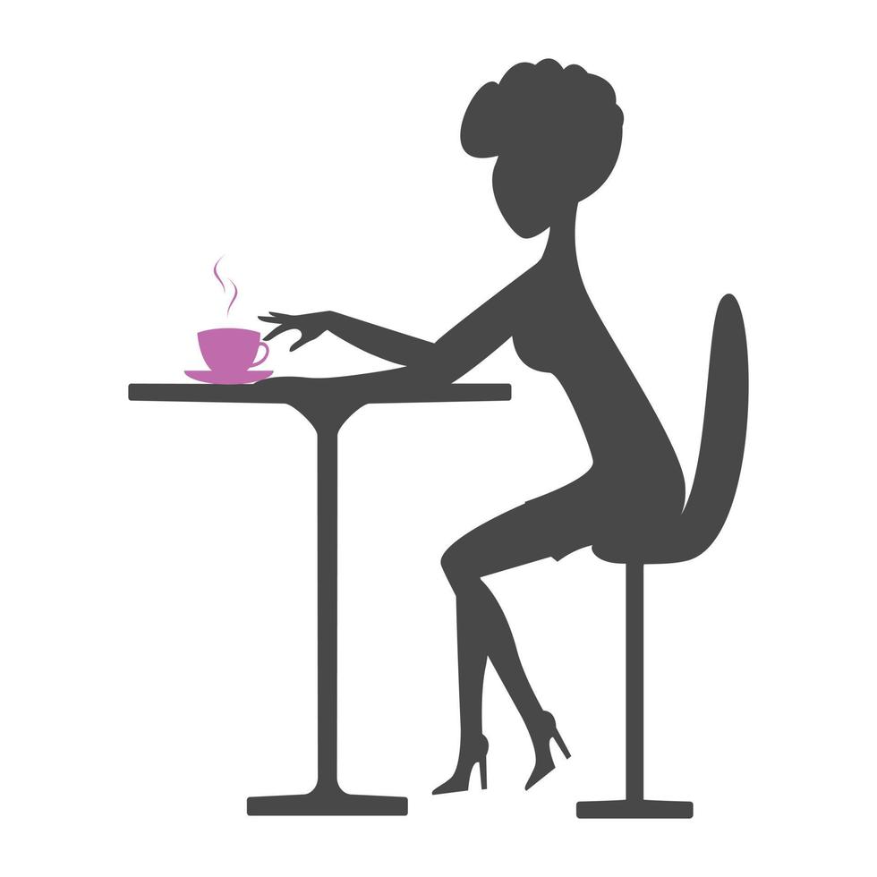 la hora del café silueta de una mujer durante el café. la joven se sienta en una mesa y bebe café, logo, icono. vector