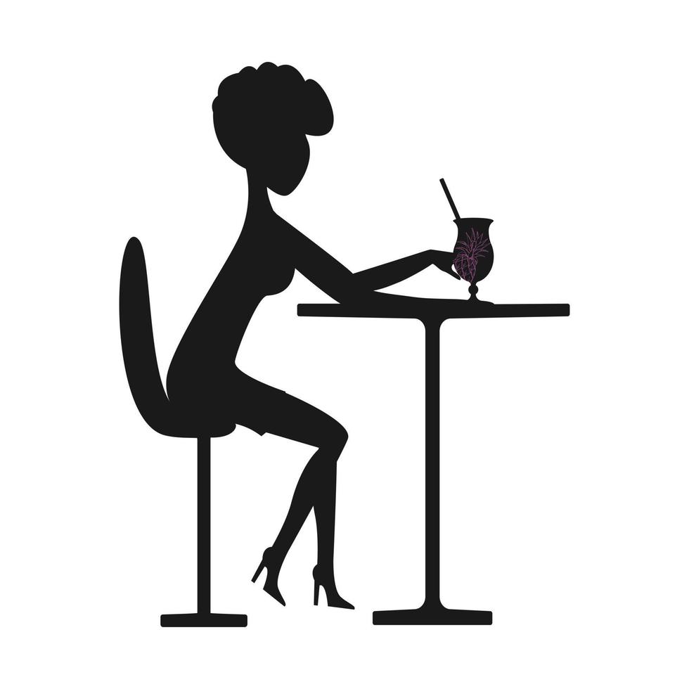 Silhouette girl with a cocktail, sitting alone at the table, holding a glass with a cocktail, logo, icon, isolated, white background. vector