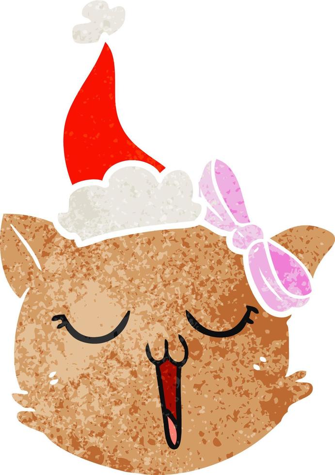 retro cartoon of a cat face wearing santa hat vector