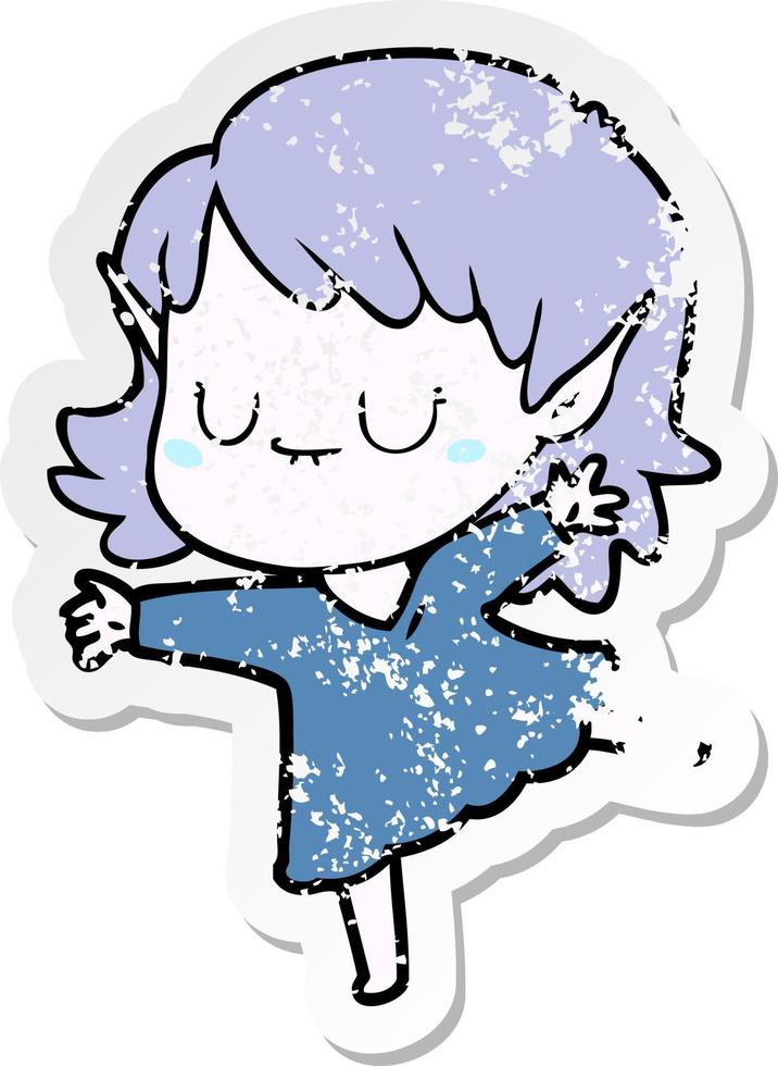 distressed sticker of a happy cartoon elf girl wearing dress vector