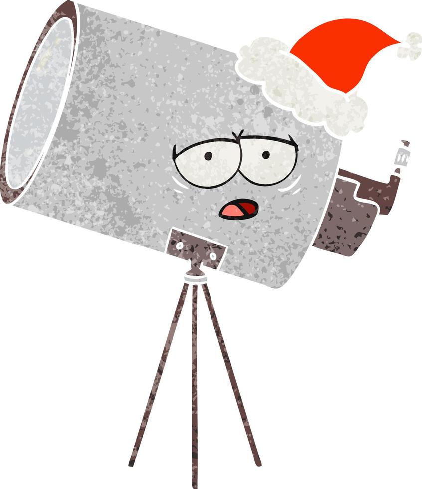 retro cartoon of a bored telescope with face wearing santa hat vector