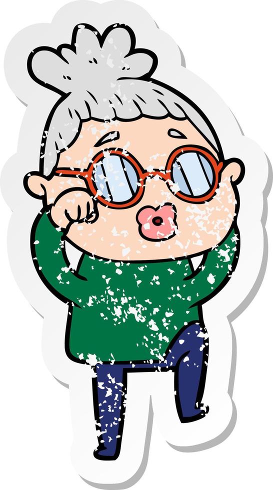 distressed sticker of a cartoon tired woman wearing spectacles vector