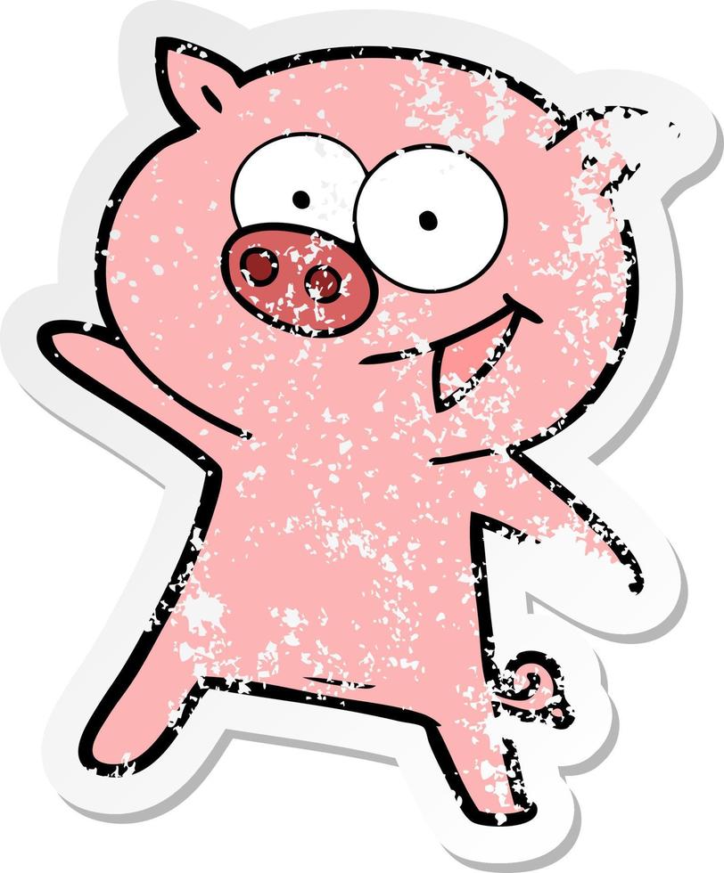 distressed sticker of a cheerful dancing pig cartoon vector